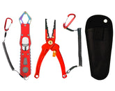Front view of red saltwater fishing pliers with safety lock